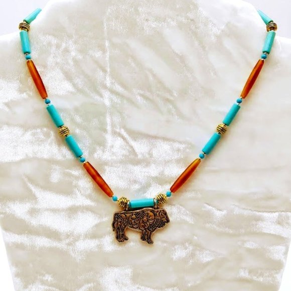 TURQUOISE & HORN NECKLACE/CHOKER*MEN*NATIVE/SOUTHWEST*HAND CRAFTED* - Picture 1 of 5